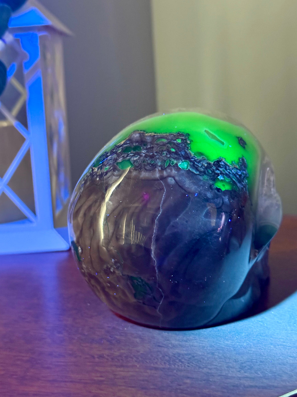 4.06 LB UV Reactive Volcano Agate Skull | Large Fluorescent Green Crystal Skull | One-of-a-Kind Collector Piece
