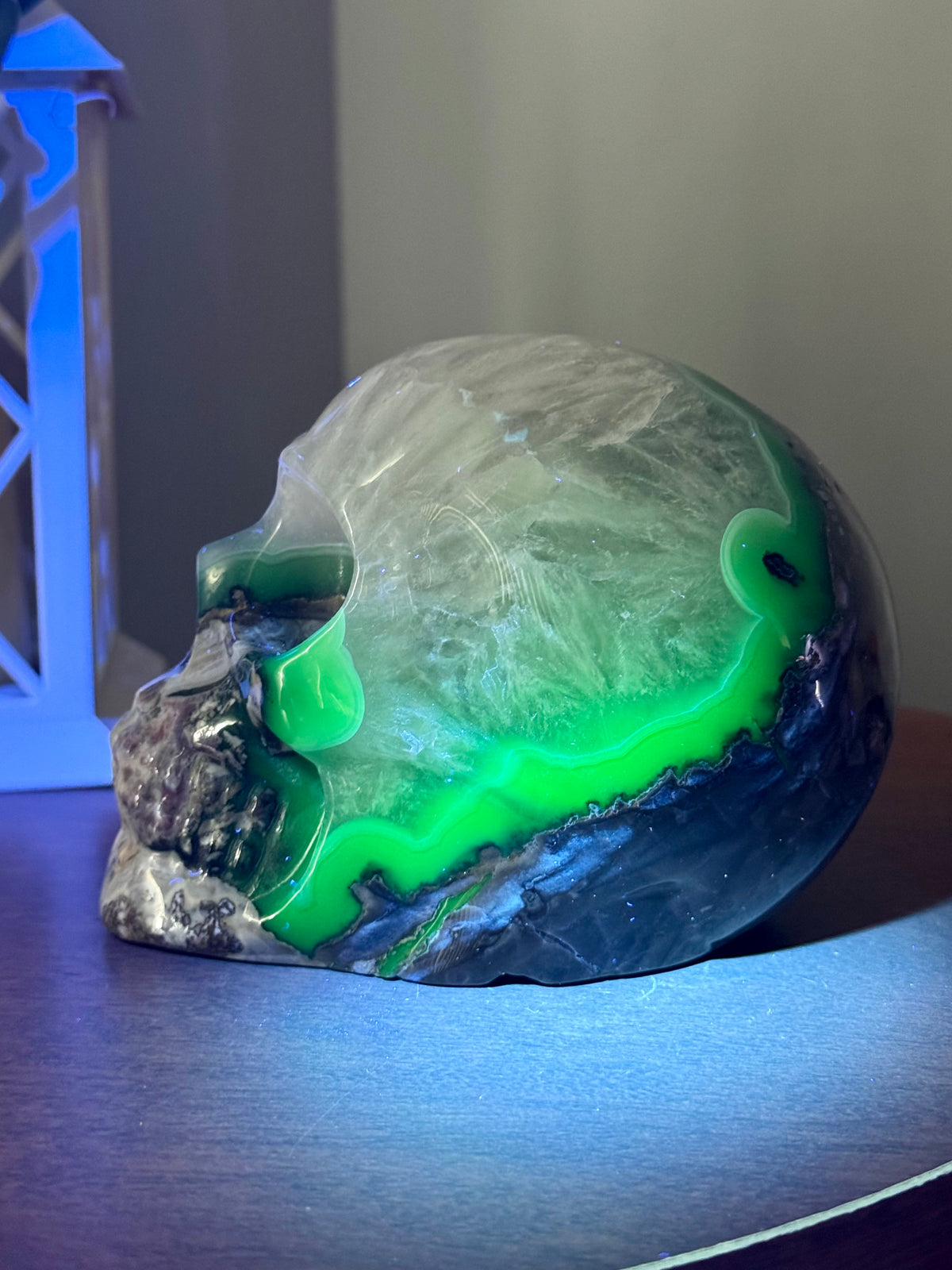 4.06 LB UV Reactive Volcano Agate Skull | Large Fluorescent Green Crystal Skull | One-of-a-Kind Collector Piece