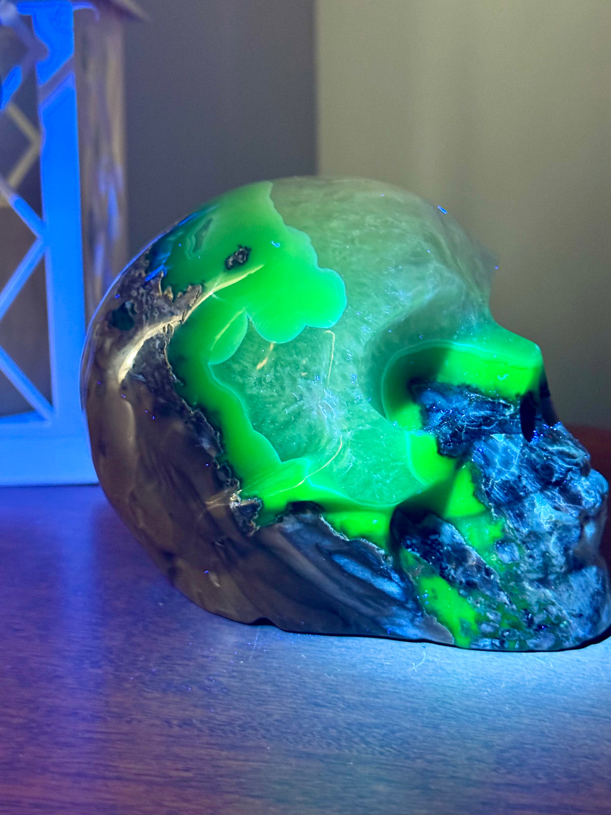 4.06 LB UV Reactive Volcano Agate Skull | Large Fluorescent Green Crystal Skull | One-of-a-Kind Collector Piece