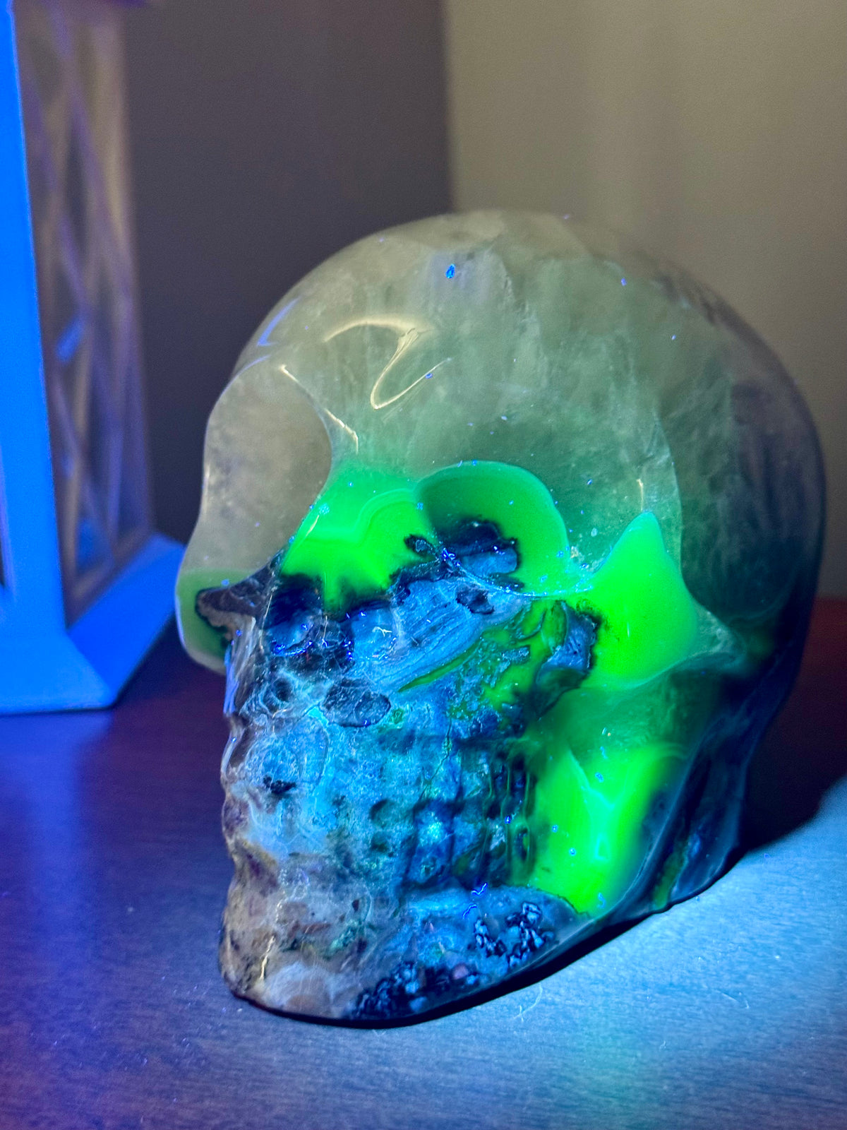 4.06 LB UV Reactive Volcano Agate Skull | Large Fluorescent Green Crystal Skull | One-of-a-Kind Collector Piece