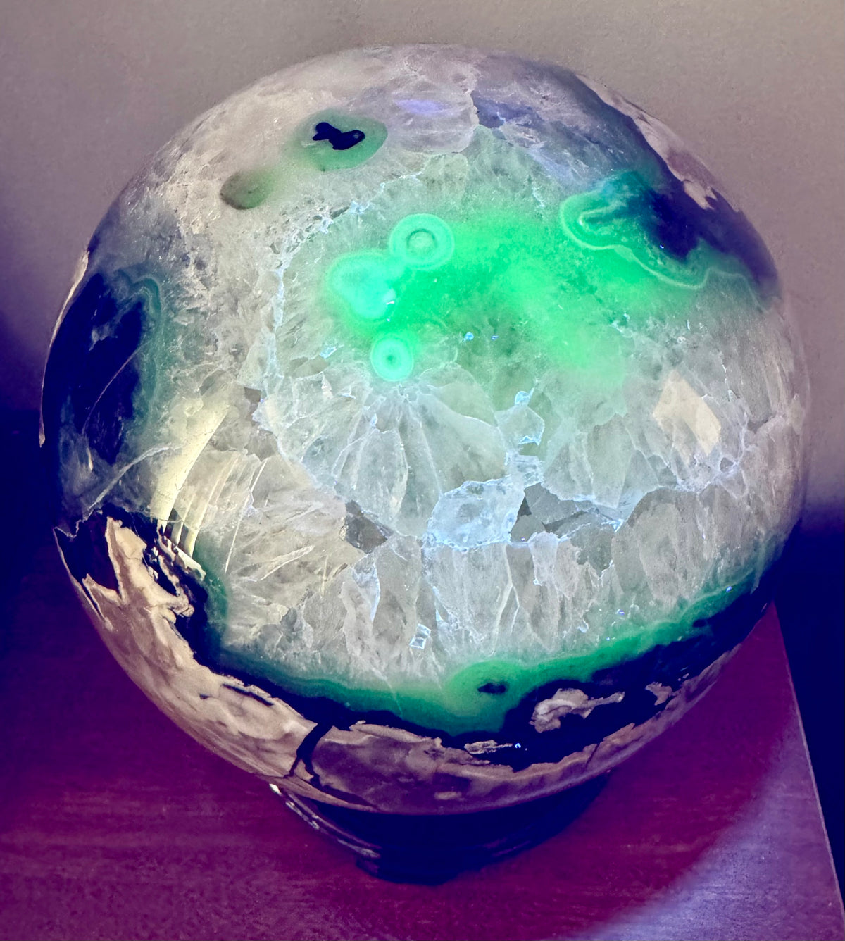 26 LB Natural Volcano Agate & Quartz Sphere – Massive UV Fluorescent Collector Piece